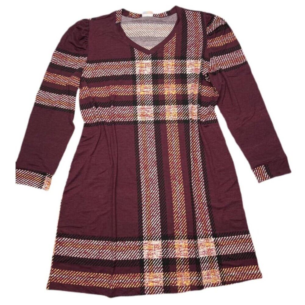 NEW L Lularoe Ava Long Sleeve Red Plaid Dress Poof Sleeve Fitted Stretch Midi